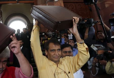 Railway Minister Suresh Prabhu arrives at the parliament to unveil the railway budget in New Delhi February 26, 2015. REUTERS/Adnan Abidi