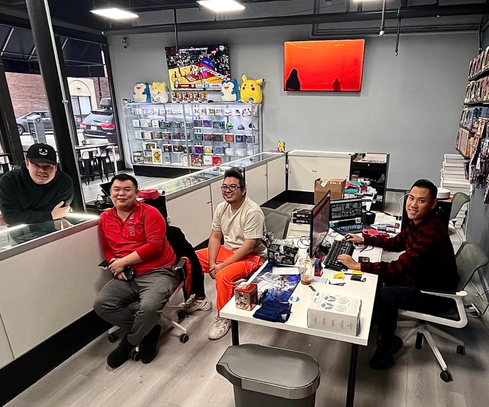 The owners of a new Taunton business called Dream Collectors specializing in Pokemon and sports card collectibles are, from left, Nam Nguyen, Greg Hom, Jack Yuen and Dang Nguyen, in the shop on Saturday, Feb. 24, 2024.