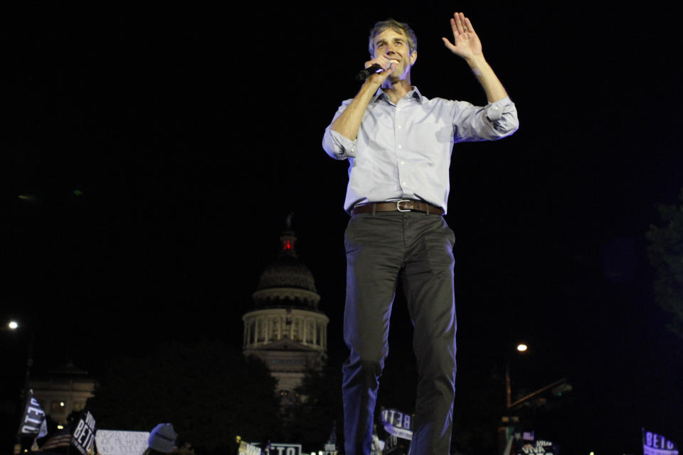 Democratic presidential candidate and former Texas congressman Beto O'Rourke speaks during his presidential campaign rally kickoff in Austin, Texas, in front of the pink-granite state Capitol, Saturday, March 30, 2019. (AP Photo/Clarice Silber)
