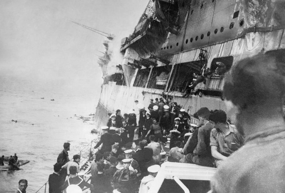 British Royal Navy aircraft carrier HMS Ark Royal crew evacuates