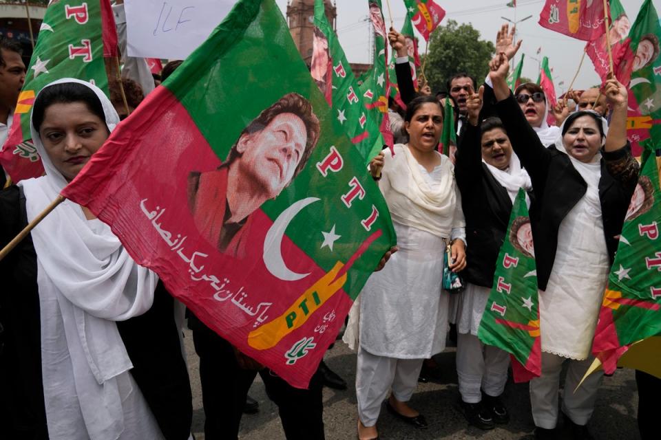 Lawyers who support Pakistan's former prime minister Imran Khan hold a protest against his imprisonment, in Lahore, Pakistan (AP)