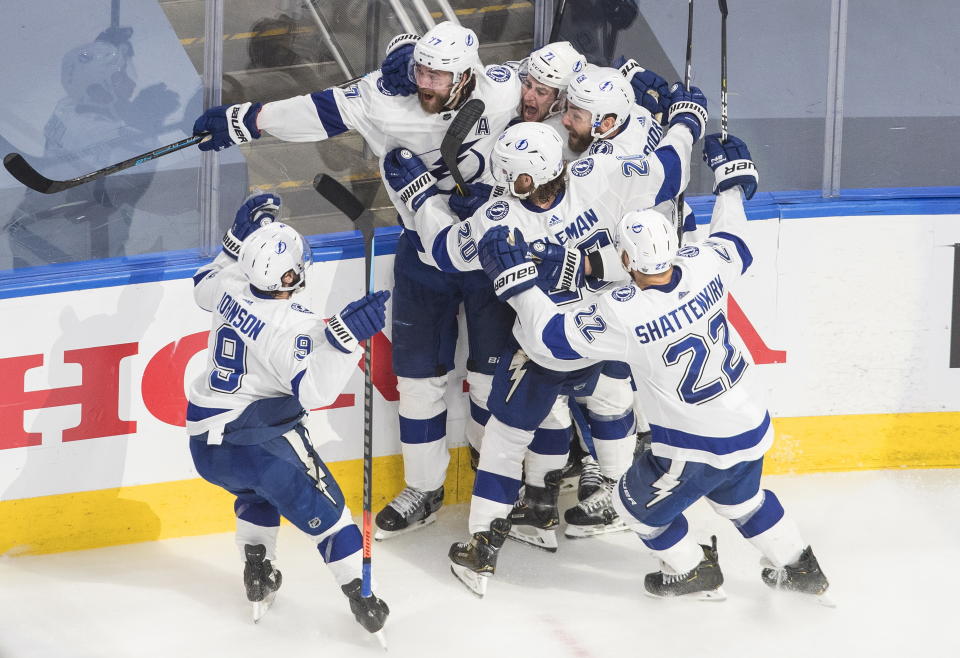 Tampa Bay Lightning center Anthony Cirelli (71) celebrates his overtime goal against the New York Islanders in Game 6 of the NHL hockey Eastern Conference final, Thursday, Sept. 17, 2020, in Edmonton, Alberta. (Jason Franson/The Canadian Press via AP)