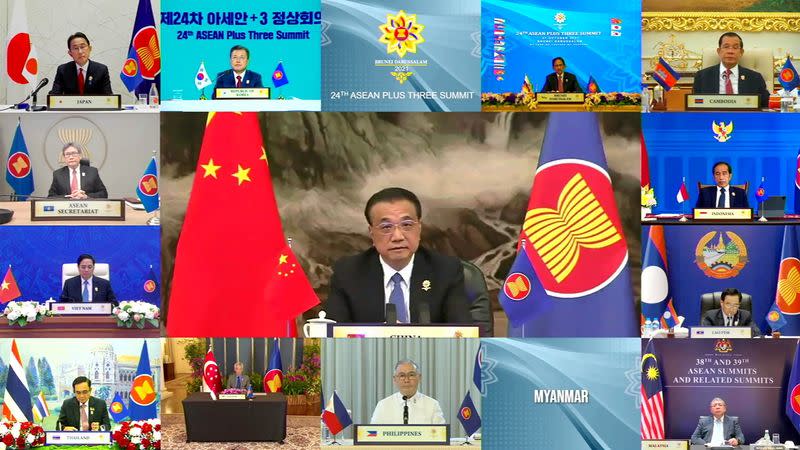 Chinese Premier Li Keqiang speaks during the virtual ASEAN Plus Three Summit, hosted by ASEAN Summit Brunei, in Bandar Seri Begawan