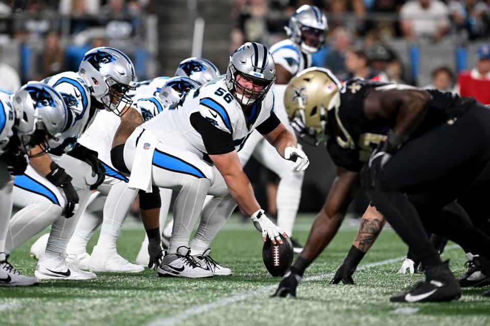 CHARLOTTE, NORTH CAROLINA - SEPTEMBER 18: Bradley Bozeman #56 of the Carolina Panthers looks to snap the ball against the New Orleans Saints during the first quarter in the game at Bank of America Stadium on September 18, 2023 in Charlotte, North Carolina. (Photo by Grant Halverson/Getty Images)