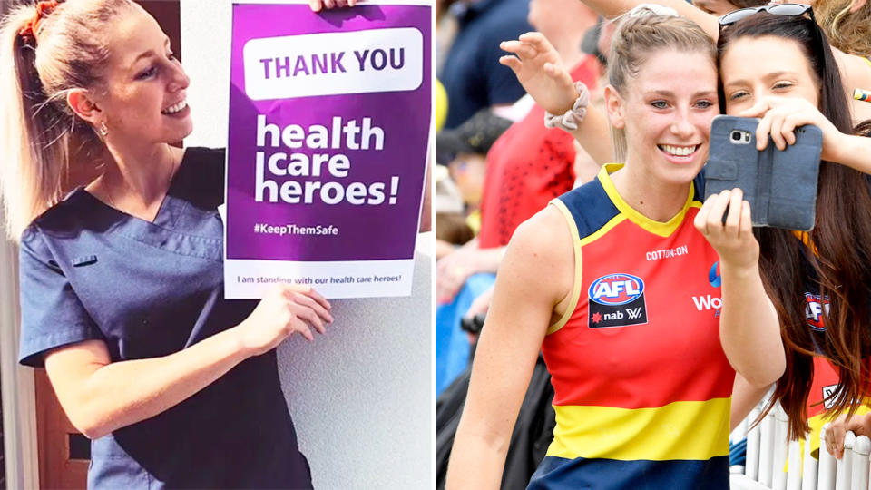 Pictured right, Deni Varnhagen poses with an AFLW fan and campaigns for health care workers on the left.