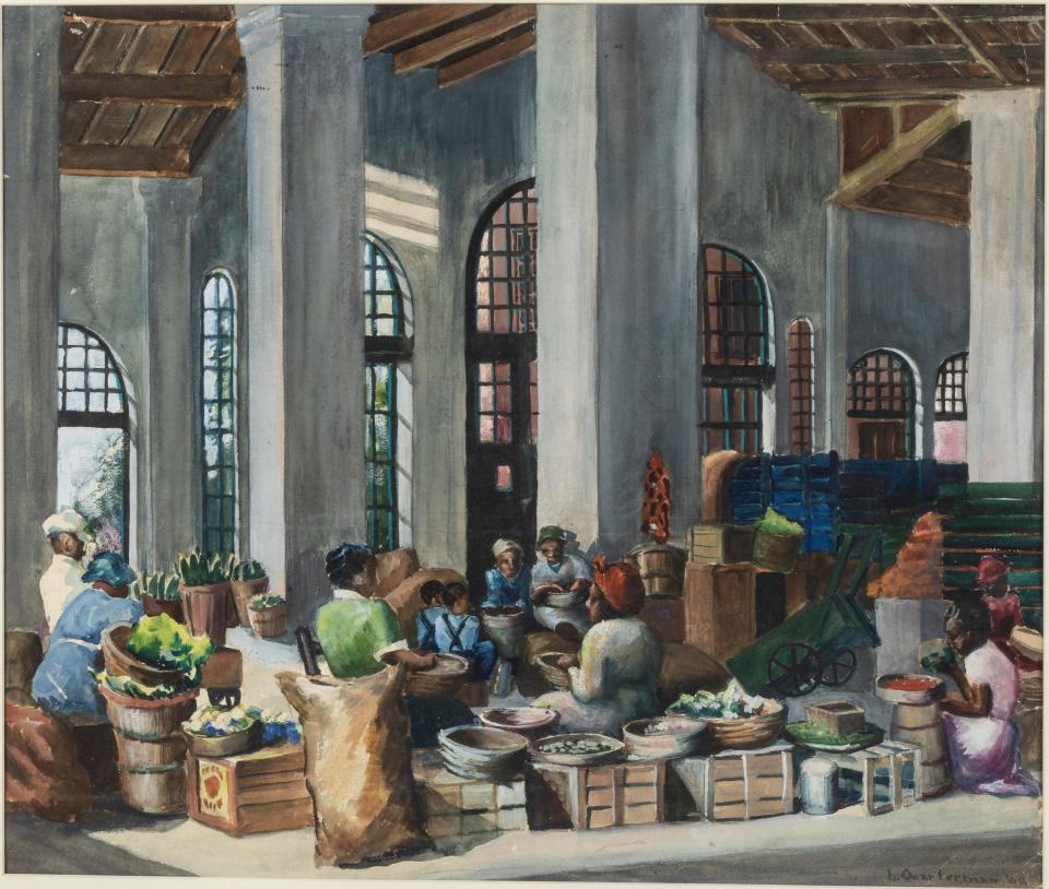 Leonora Quarterman (Savannah, 1911-1979), ‘Savannah City Market,’ watercolor, 1948. Size: 18½in x 22in. From the John and Virginia Duncan collection, Savannah, Ga. Estimate $2,000-$3,000.