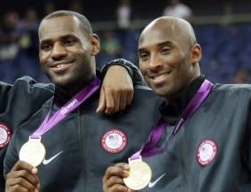 LeBron James and Kobe Bryant celebrate after winning gold at the 2012 London Olympics.