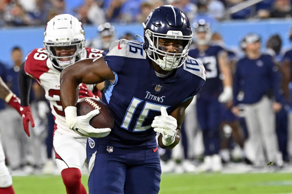 FILE - Tennessee Titans wide receiver Treylon Burks (16) scores a touchdown against the Arizona Cardinals in the first half of a preseason NFL football game Saturday, Aug. 27, 2022, in Nashville, Tenn. Rookie wide receiver Treylon Burks, the 18th pick overall in April, practiced for the first time Wednesday, Nov. 9, 2022, trying to return from injured reserve. (AP Photo/Mark Zaleski, FIle)