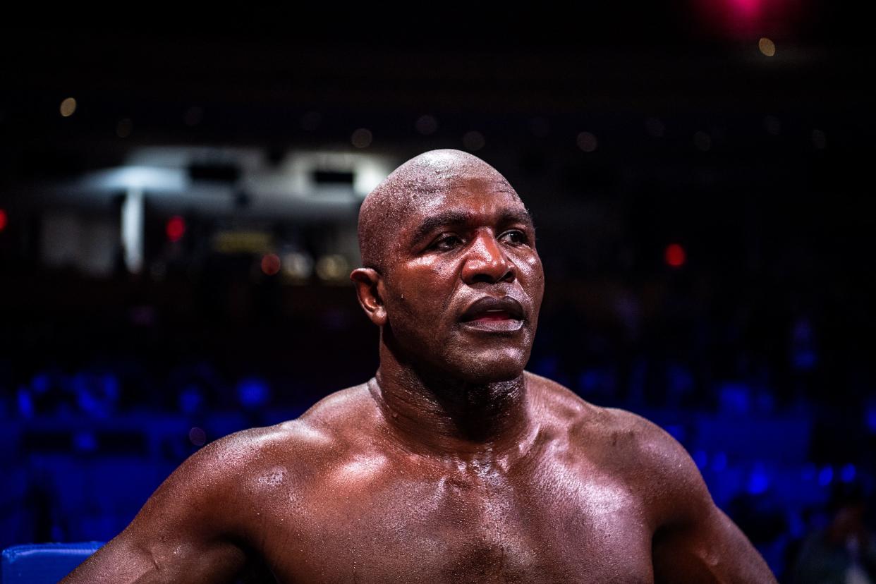 US former professional boxer Evander Holyfield looks on after loosing a boxing fight against Brazilian martial artist Vitor Belfort (L) at Hard Rock Live in Hollywood, Florida on September 11, 2021. (Photo by CHANDAN KHANNA / AFP) (Photo by CHANDAN KHANNA/AFP via Getty Images)