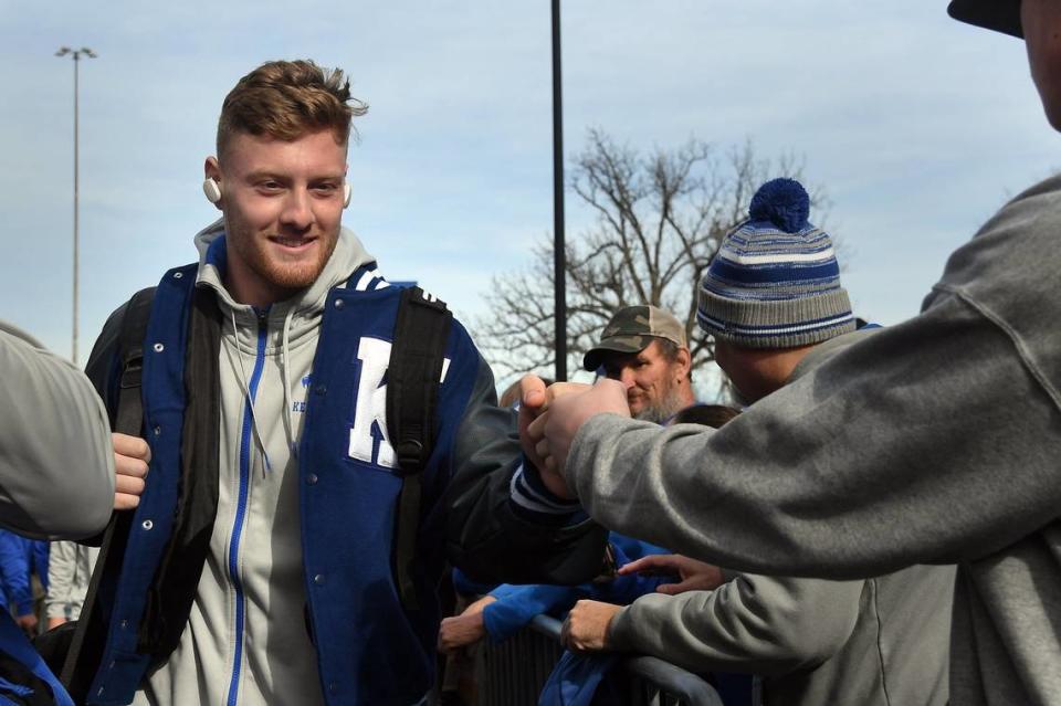 Kentucky quarterback Will Levis is greeted by fans during the Cat Walk before UK’s win over Louisville last fall. Levis is back in Lexington preparing for next month’s NFL Draft and will throw during the Wildcats’ annual Pro Day on Friday.