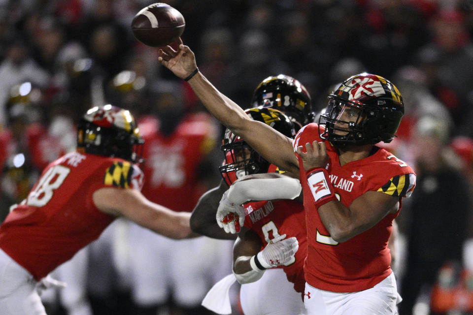 Maryland quarterback Taulia Tagovailoa (3) passes during the second half of an NCAA college football game against Ohio State, Saturday, Nov. 19, 2022, in College Park, Md. Ohio State won 43-30. (AP Photo/Nick Wass)