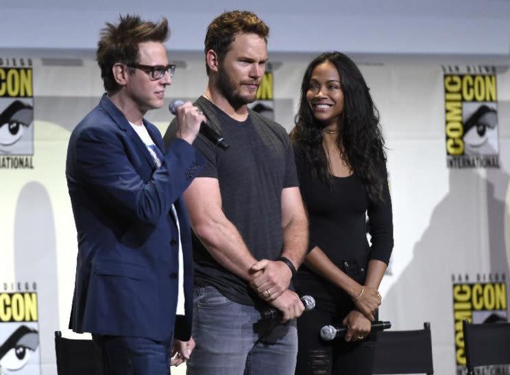 James Gunn, Chris Pratt, and Zoe Saldana at Comic-Con in July (Photo: Chris Pizzello/Invision/AP)