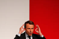 <p>French centrist presidential candidate Emmanuel Macron delivers a speech during a campaign rally in Chatellerault, central France, Friday, April 28, 2017. Macron faces far-right presidential candidate Marine Le Pen off in a May 7 runoff election. (AP Photo/Christophe Ena) </p>