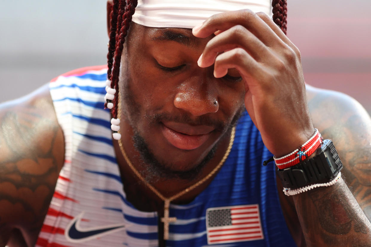 TOKYO, JAPAN - AUGUST 05: Cravon Gillespie of Team United States reacts after coming in sixth in round one of the Men's 4 x 100m Relay Heat 2 on day thirteen of the Tokyo 2020 Olympic Games at Olympic Stadium on August 05, 2021 in Tokyo, Japan. (Photo by Patrick Smith/Getty Images)