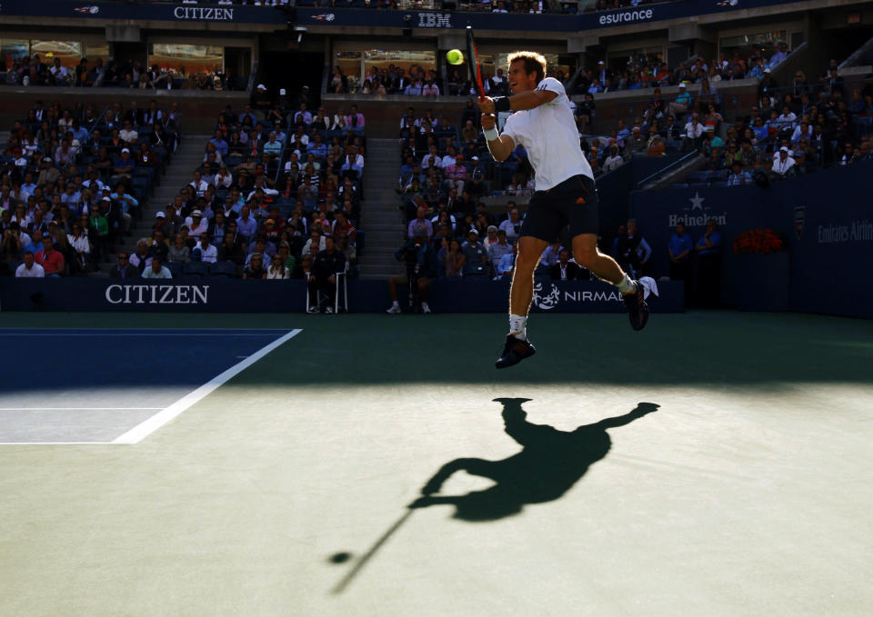 Britain's Andy Murray hits a return to Serbia's Novak Djokovic during the men's singles final match at the U.S. Open tennis tournament in New York
