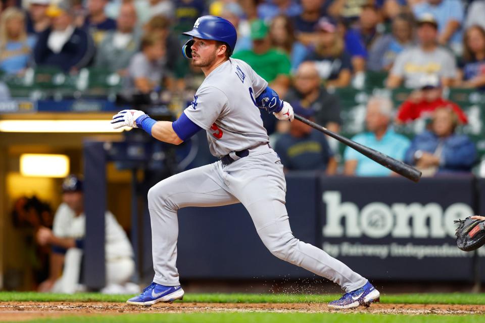 Dodgers second baseman Gavin Lux, a Kenosha native, hits a two-run homer off Brewers reliever Hoby Milner in the sixth inning Monday night at American Family Field.