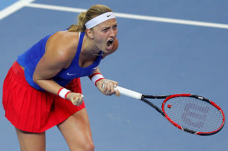 Tennis - Fed Cup Final - France v Czech Republic - Strasbourg, France - 12/11/16 Czech Republic's Petra Kvitova celebrates a point during her match against France's Caroline Garcia. REUTERS/Vincent Kessler