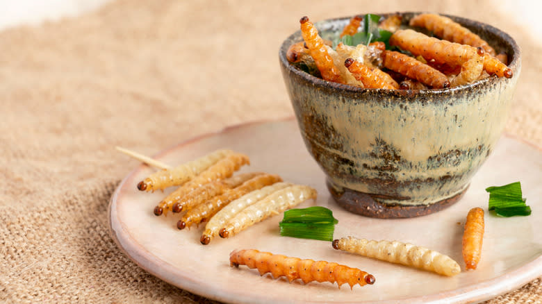 bowl of fried bamboo worms