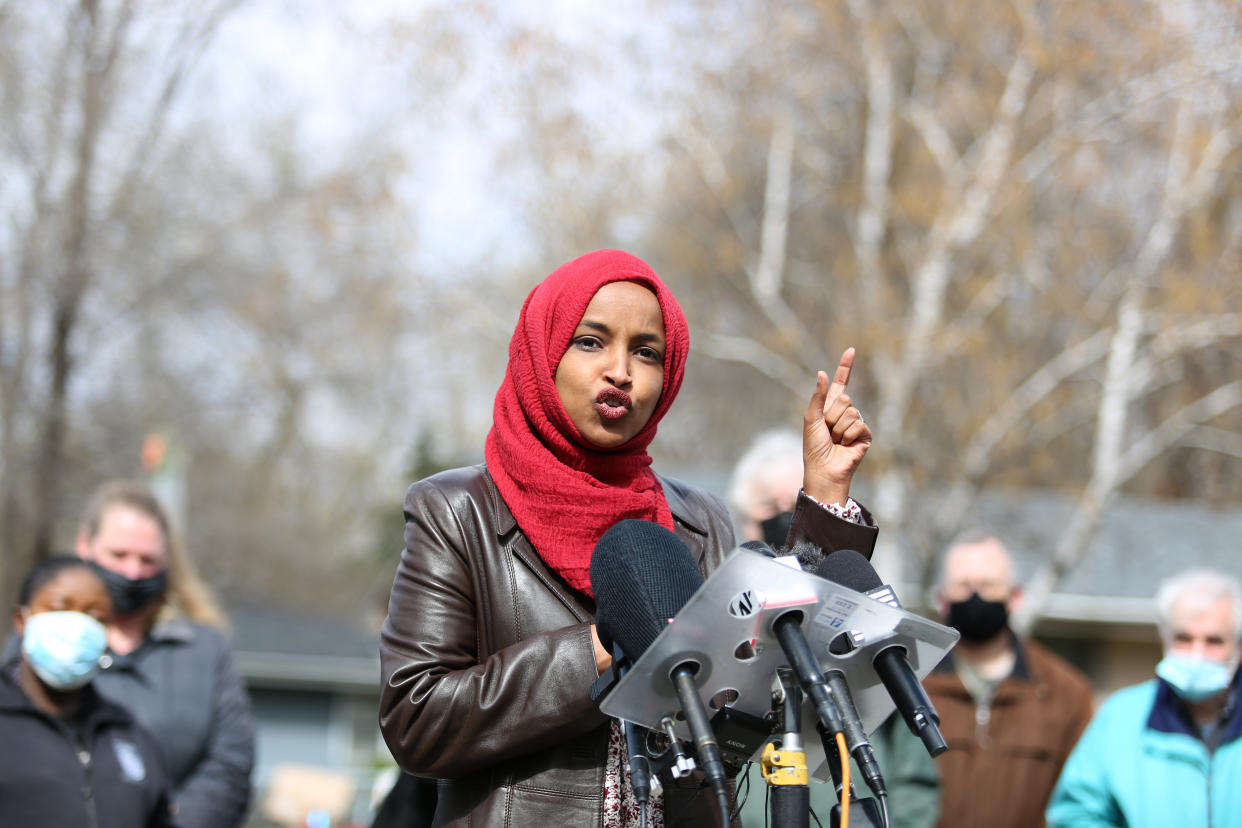 Representative Ilhan Omar, a Democrat from Minnesota, speaks during a press conference near the site of Daunte Wright's death in Brooklyn Center, Minnesota, U.S., on Tuesday, April 20, 2021. The case of the former Minneapolis police officer accused of killing George Floyd went to the jury after DerekÂ Chauvin's defense attorney said the viral video of him kneeling on Floyd's neck and back doesn't tell the entire story. Photographer: Emilie Richardson/Bloomberg via Getty Images