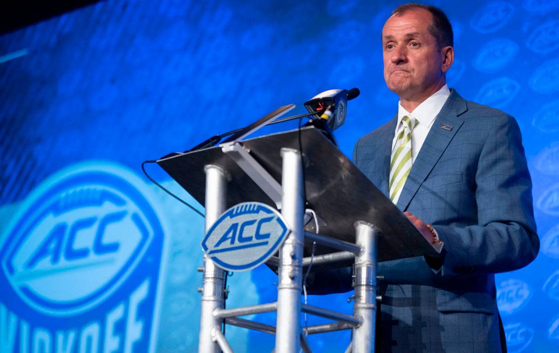 ACC Commissioner Jim Phillips answers questions about the future of the conference during his Commissioner’s Forum in the Westin grand ballroom during the 2022 ACC Football Kickoff on Wednesday, July 20, 2022 in Charlotte, N.C.
