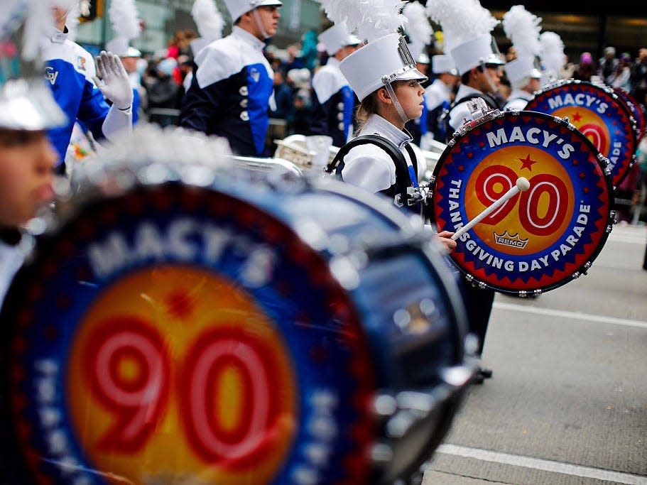 A marching band at Macy's thanksgiving day parade