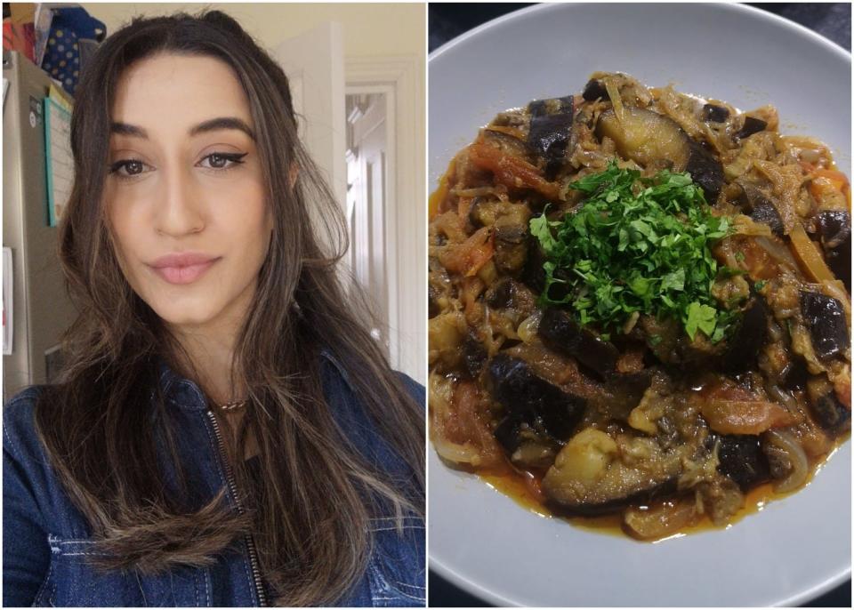 The author and her completed eggplant curry, known to her as baingan masala.