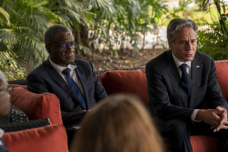 Secretary of State Antony Blinken meets with members of civil society in eastern Congo, including Panzi Hospital and Foundation Founder Dr. Dennis Mukwege, left, at the U.S. Ambassador's Residence in Kinshasa, Congo, Wednesday, Aug. 10, 2022. Blinken is on a ten day trip to Cambodia, Philippines, South Africa, Congo, and Rwanda. (AP Photo/Andrew Harnik, Pool)