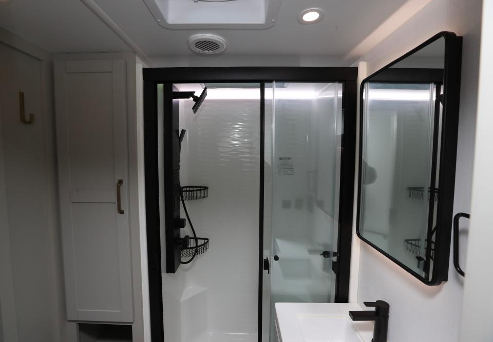 Walk-in shower inside the Z3100 Fifth Wheel RV camper at Brinkley RV in Memphis, In.. on Dec. 11, 2023.