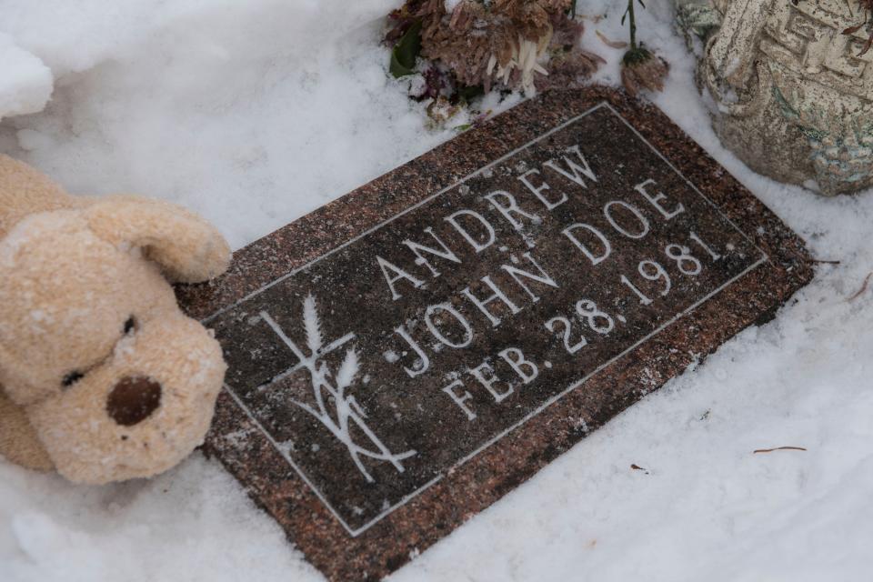 The grave of Baby Andrew John Doe, an infant who was found dead in a ditch in 1981, is shown. Police arrested Theresa Rose Bentaas decades later on Friday, March 8, 2019 after determining through DNA that she was the mother.