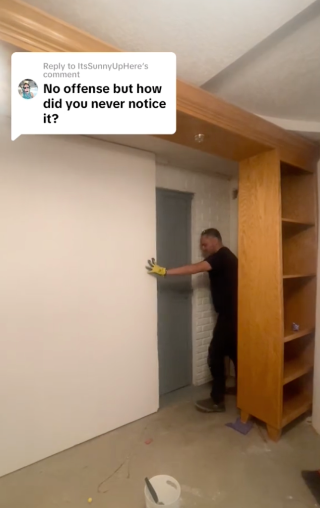 The TikTok user captured the moment her husband pushed a portion of a wall out of the way to reveal an open metal door and a small room inside their walls. Aurora Blazingstar/TikTok