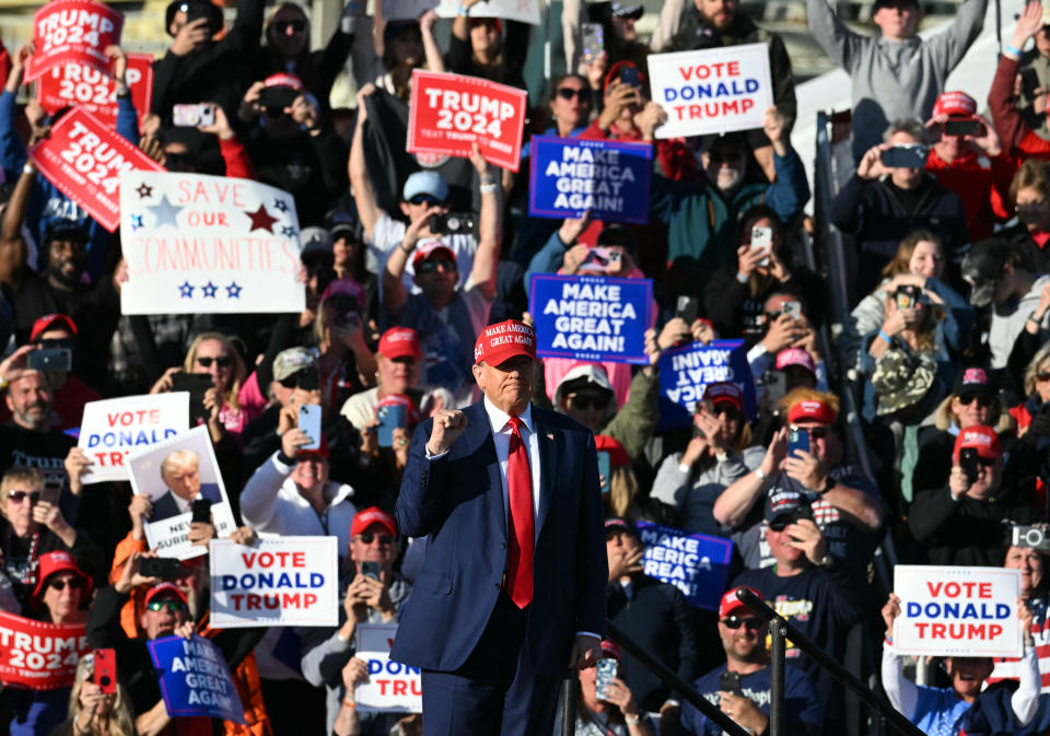 Former US President and 2024 Republican presidential candidate Donald Trump arrives to speak during a campaign rally in Wildwood, New Jersey, on May 11, 2024. Trump indicated Saturday that he is not considering his former Republican rival Nikki Haley for vice president. The 77-year-old real estate tycoon, who hopes to return to the White House, has everyone guessing about whom he will pick as his running mate in the November vote. (Photo by Jim WATSON / AFP) (Photo by JIM WATSON/AFP via Getty Images)