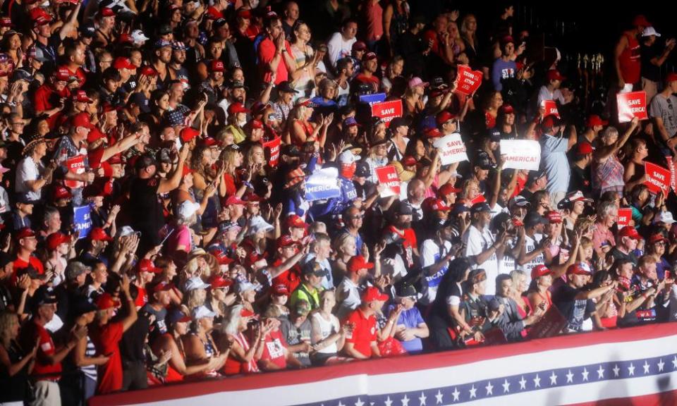 Supporters of former president Donald Trump attend a rally held at the Sarasota Fairgrounds, the winter quarters of the Ringling Brothers and Barnum & Bailey circus.