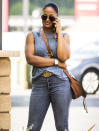 <p>Laila Ali is seen chatting on the phone on Monday in Calabasas, California while waiting near a Trader Joe's.</p>