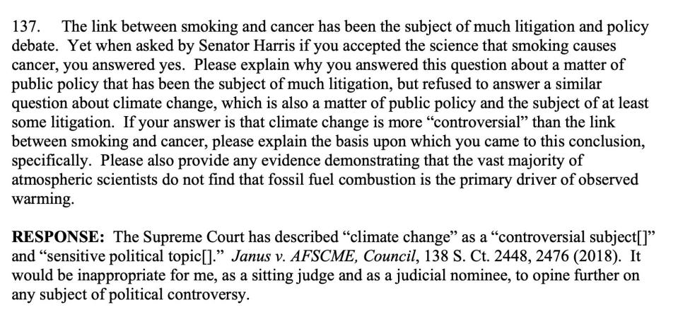 Amy Coney Barrett cited climate change as a "controversial subject" and "sensitive political topic" in her refusal to say whether it exists. (Senate Judiciary Committee)