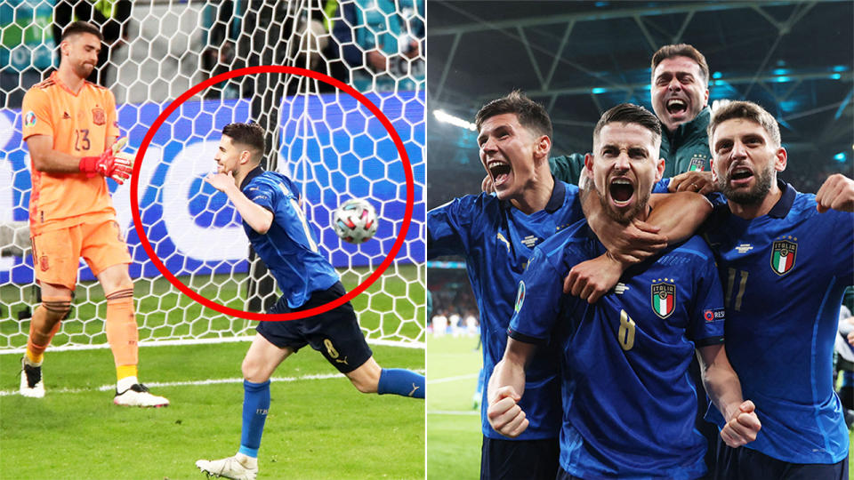 Jorginho (pictured left) scoring a penalty in the shoot-out and (pictured) right the Italians celebrating the win against Spain at Euro 2020.