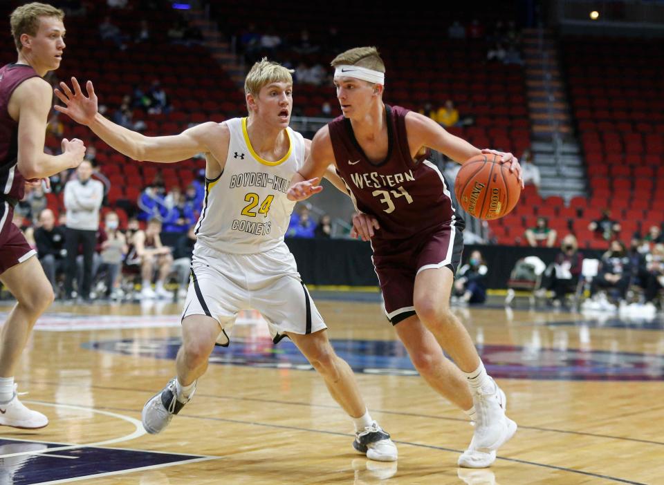 Western Christian's Ty Van Essen drives to the basket in the first quarter against Boyden-Hull on Friday, March 12, 2021, during the Iowa high school boys state basketball Class 2A championship game.