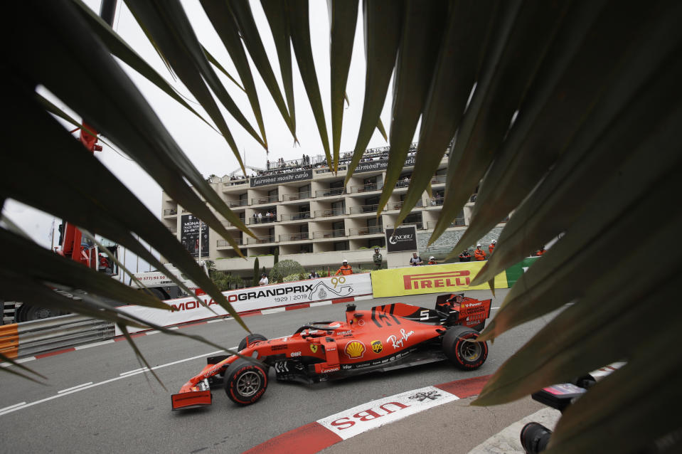 FILE - In this file photo dated Thursday, May 23, 2019, Ferrari driver Sebastian Vettel of Germany during a practice session at the Monaco racetrack, in Monaco. Despite 15 Formula One races without a win, four-time world champion Sebastian Vettel on Thursday June 20, 2019, claims he is not burdened by his lack of form heading into this weekend’s French Grand Prix. (AP Photo/Luca Bruno, FILE)