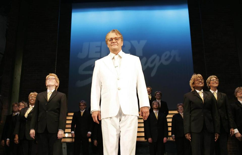 Former "Starsky & Hutch" actor David Soul, center, makes a curtain call for "Jerry Springer: The Opera," at the Cambridge Theater in Covent Garden, central London, in this July 22, 2004, file photo. The BBC, Britain's publicly funded television network, has announced plans to broadcast the hit show famous for its vulgarity.