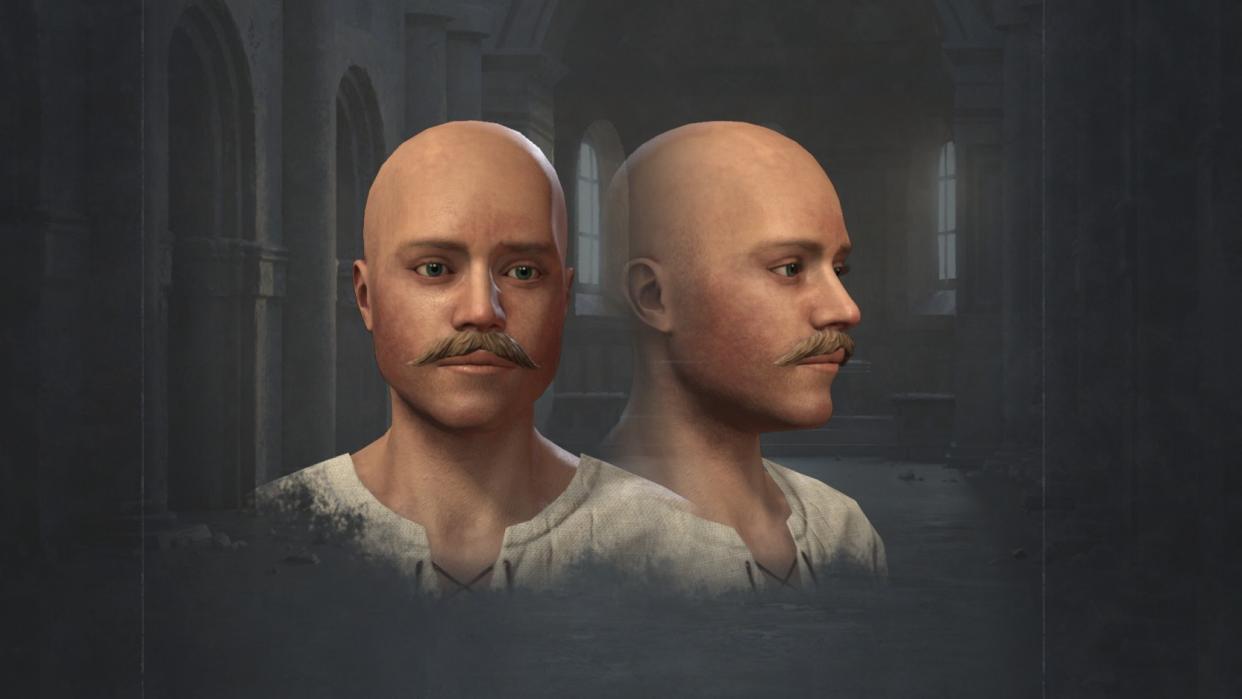  A face-on and side-profile shot of a moustachioed bald man in Crusader Kings 3. 