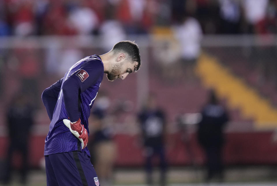 United States´ goalkeeper Matt Turner reacts after Panama scored a goal during a qualifying soccer match for the FIFA World Cup Qatar 2022 at Rommel Fernandez stadium, Panama city, Panama, Sunday, Oct. 10, 2021. (AP Photo/Arnulfo Franco)