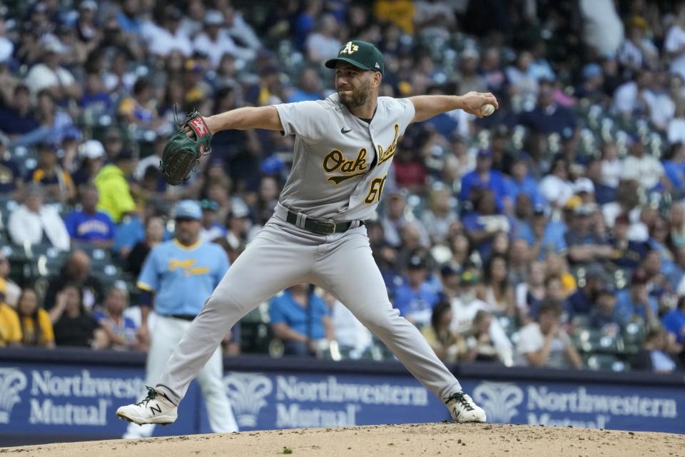 Oakland Athletics starting pitcher Sam Moll throws during the first inning of a baseball game against the Milwaukee Brewers Friday, June 9, 2023, in Milwaukee. (AP Photo/Morry Gash)