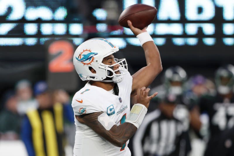 Miami Dolphins quarterback Tua Tagovailoa (pictured) threw a 60-yard touchdown to wide receiver Jaylen Waddle in the second quarter of a win over the New York Jets on Sunday in Miami Gardens, Fla. File Photo by John Angelillo/UPI