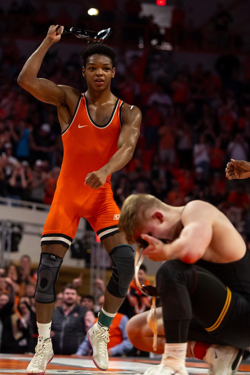 Feb 25, 2024; Stillwater, Okla, USA; Oklahoma State's Jordan Williams celebrates a victory over Iowa's Victor Voinovich III at 149lbs at a wrestling match in Gallagher Iba Arena. Mandatory Credit: Mitch Alcala-The Oklahoman