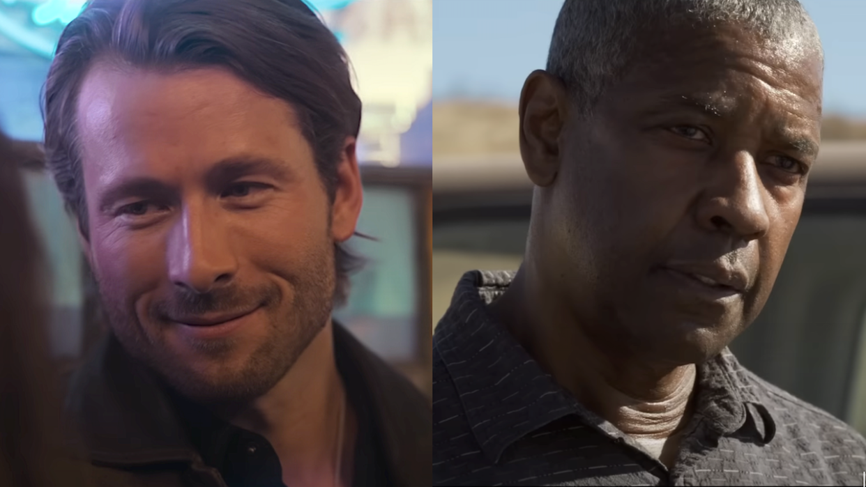  Glen Powell in Hitman/Denzel Washington in The Little Things (side by side) . 