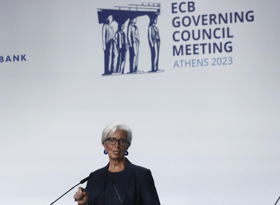 ECB President Christine Lagarde speaks during a press conference at the Bank of Greece, in Athens, Thursday, Oct. 26, 2023. The European Central Bank left interest rates unchanged Thursday for the first time in over a year as the Israel-Hamas war spreads even more gloom over already downbeat prospects for Europe's economy. (AP Photo)