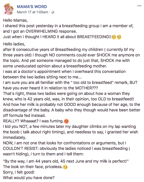 Here's her full post. Photo: Facebook/Mama's Word