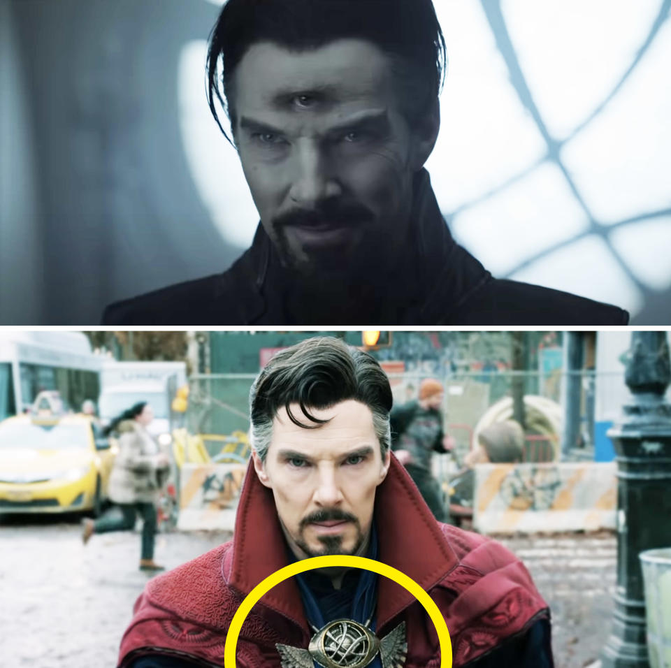 A third eye on Doctor Strange's forehead; Doctor Strange with the Eye of Agamotto on his cape