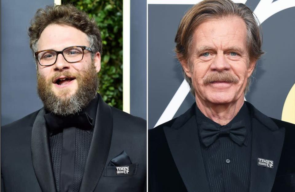 Seth Rogen and William H. Macy wearing the Time&apos;s Up pins.
