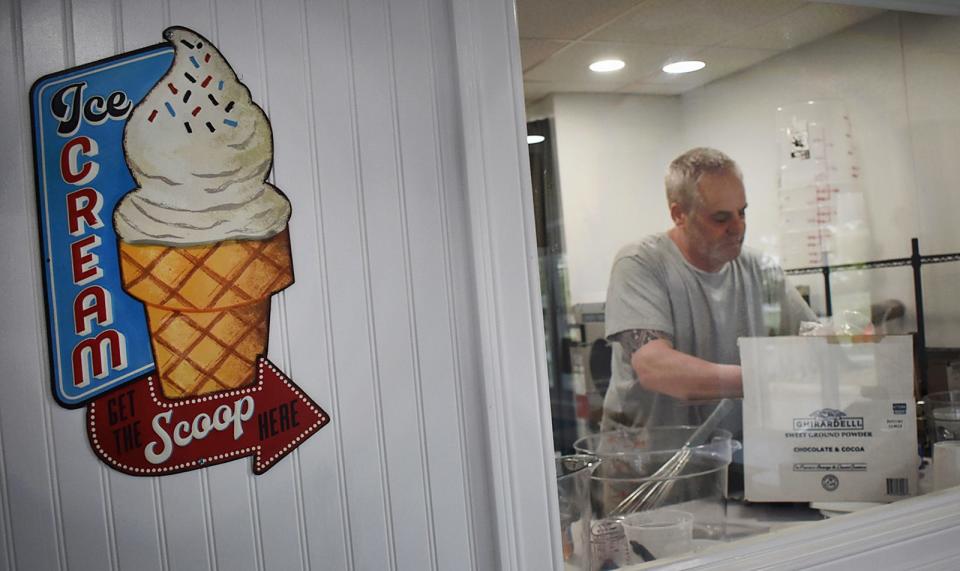 Owner Steve "Nonno" Serio works in the area where ice cream is made at Nonno's Ice Cream Shoppe in Fall River.