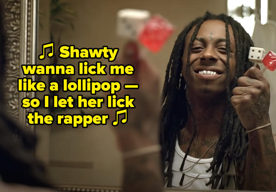 Lil Wayne and Static Major rapping: "Shawty wanna lick me like a lollipop — so I let her lick the rapper"